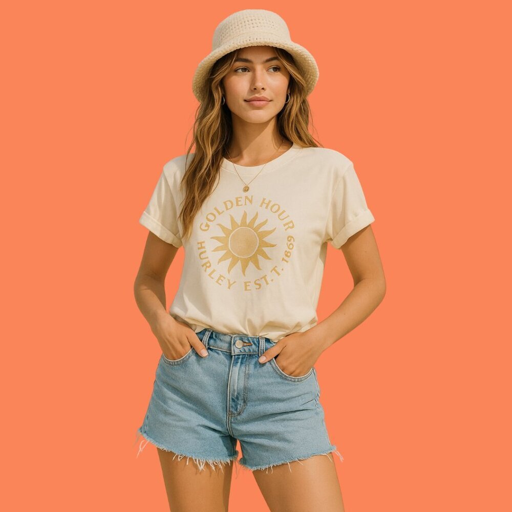 🌞 Hurley “Golden Hour” 1999 Graphic Tee – Size M | 100% Cotton Retro Surf Style